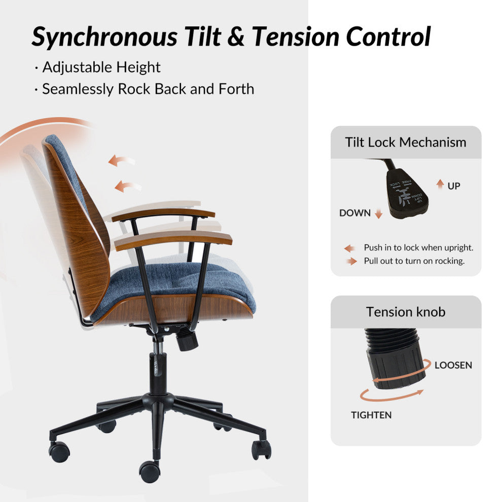 Modern Style Office Chair With Solid Wooden Frame, Navy