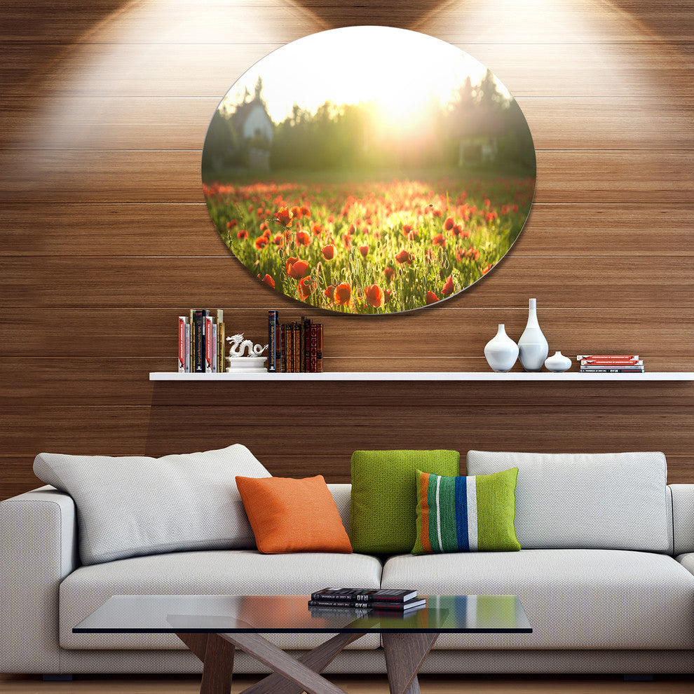 Poppy Field Under Bright Sunlight, Landscape Round Metal Wall Art, 11"