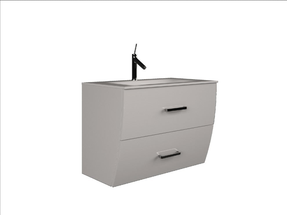 Wave Bathroom Vanity Gloss and Matte Sink Console, White, 32", Without Mirror