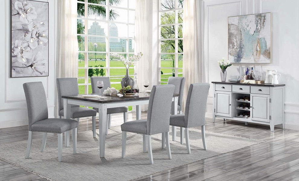Lanton Dining Table, Natural Marble & Antique White Finish