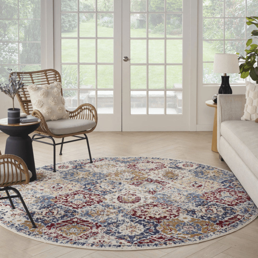 8' Navy Blue Round Damask Power Loom Distressed Area Rug