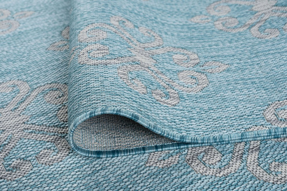 Vega Transitional Geometric Aqua Light Gray Indoor/Outdoor Runner Rug 3x8