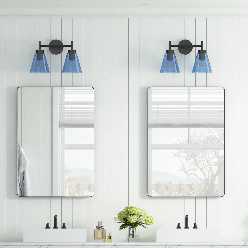 Modern Black 2-Light Wall Light with Blue Seeded Glass Shade
