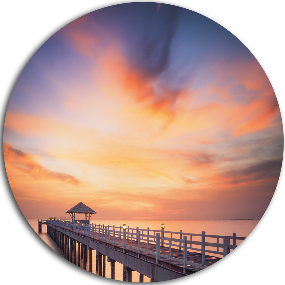 Infinite Wooden Bridge Under Clouds, Sea Bridge Disc Metal Artwork, 23"