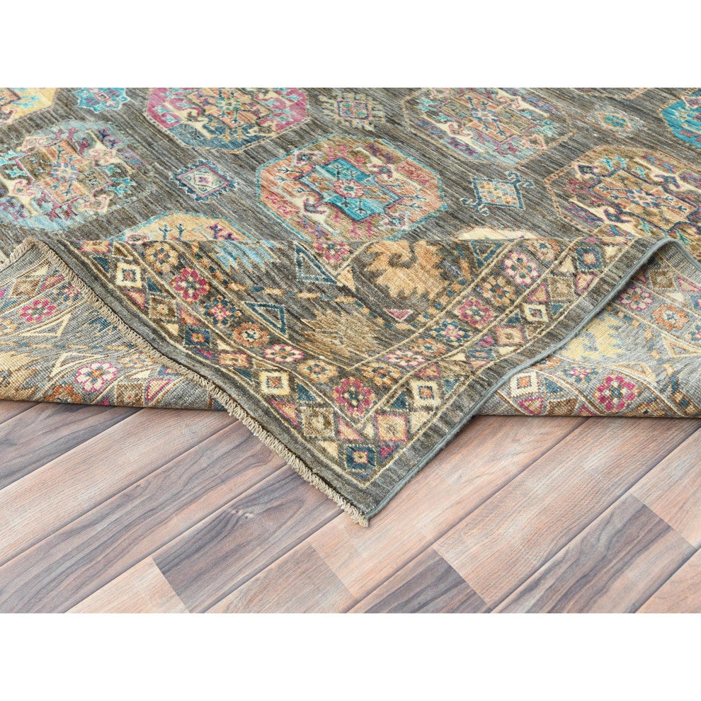 Sage Green, Hand Knotted Afghan Super Kazak Pure Wool Oriental Rug, 8'9"x11'7"