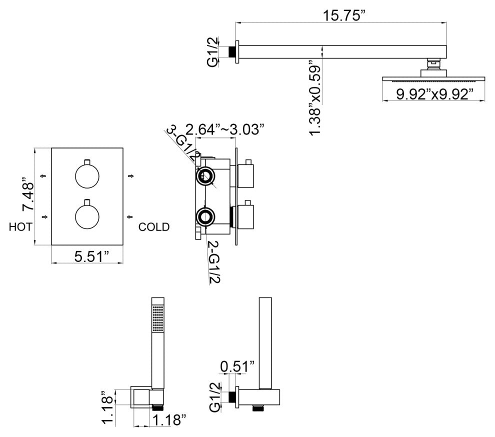 Thermostatic Rain Shower System with Hand Shower and Rough-in Valve