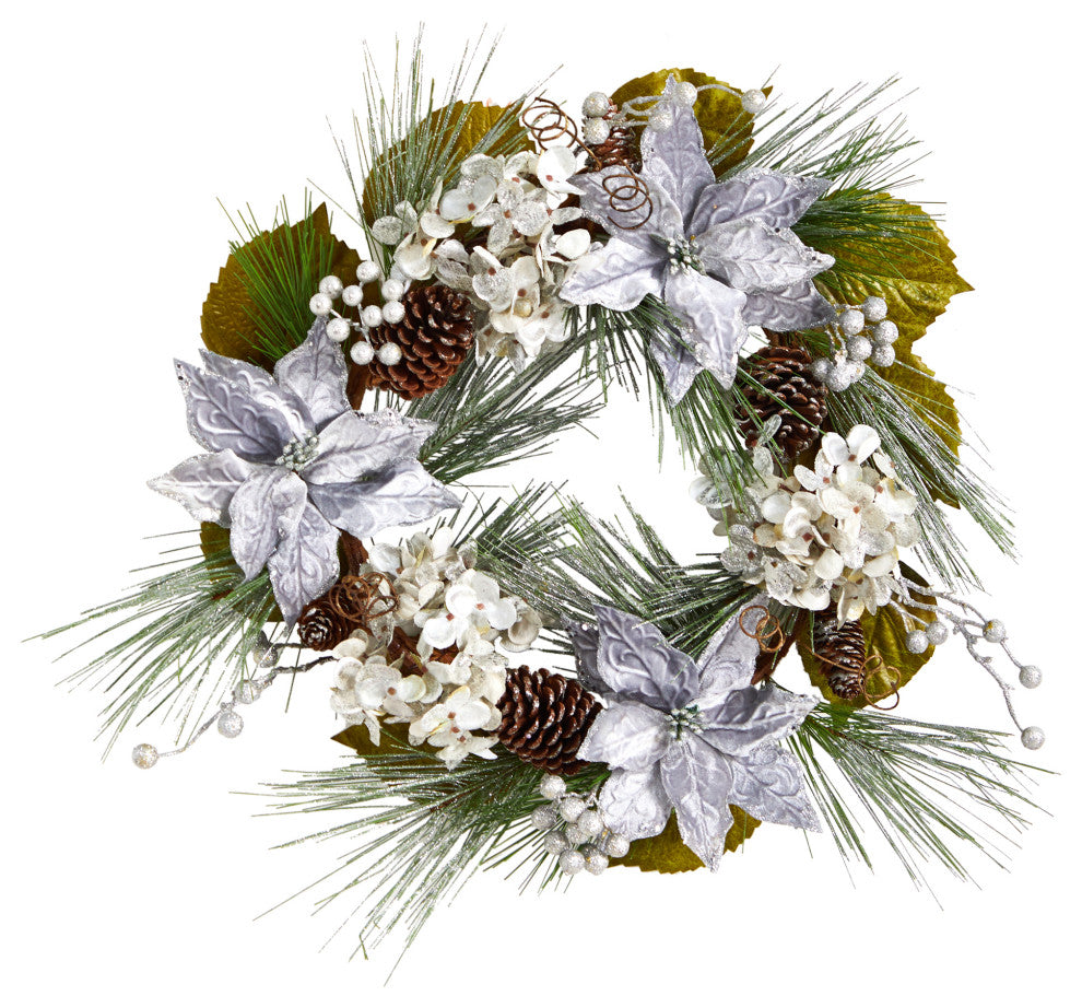 24" Silver Poinsettia, Hydrangea and Pinecones Artificial Christmas Wreath