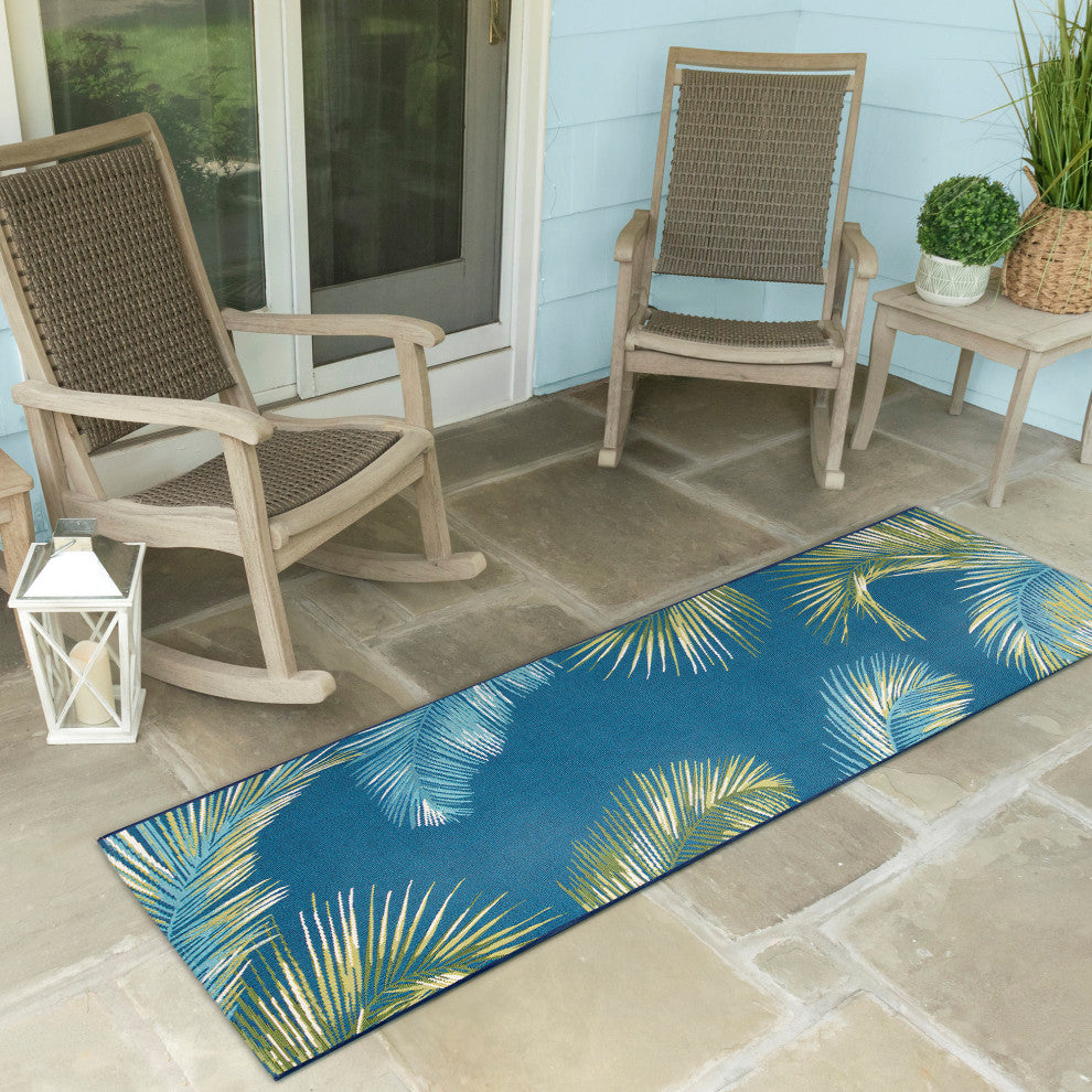 Marina Palm Border Indoor/Outdoor Rug, Navy, 1'11"x7'6" Runner