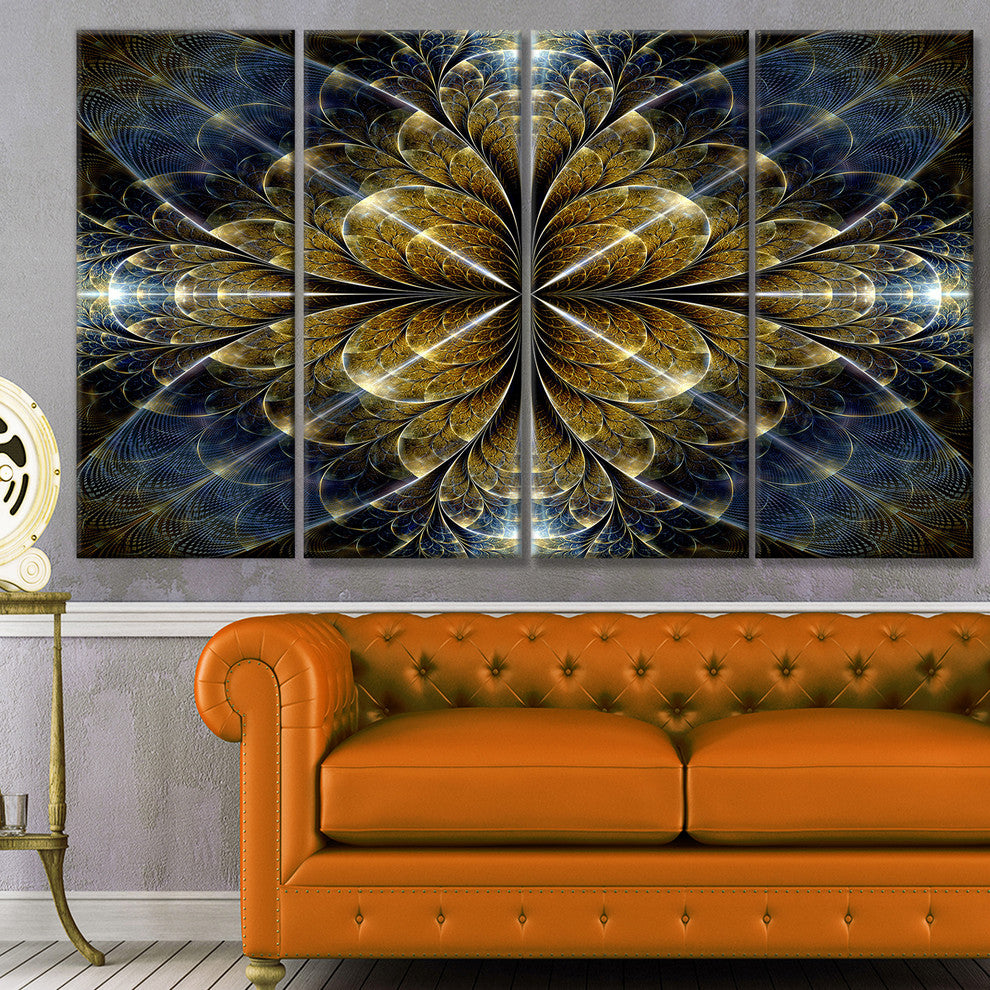 Digital Gold Fractal Flower Pattern, Abstract Wall Art Canvas, 48"x28", 4 Panels