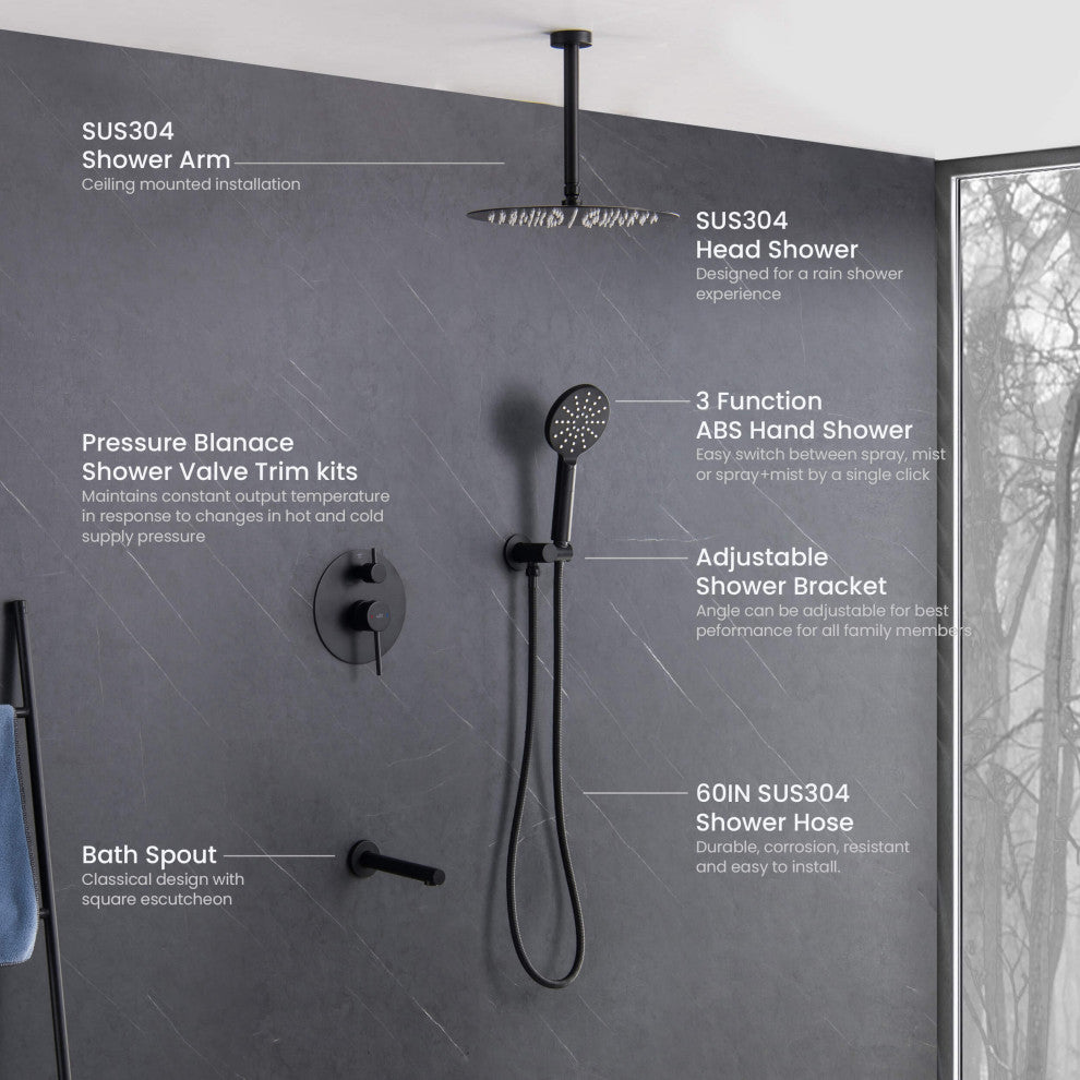 Ceiling Mounted 3-Function Shower System, Rough, Valve, Matte Black