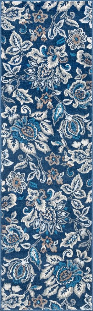 Stella Traditional Floral Dark Blue Runner Rug, 2'x7'
