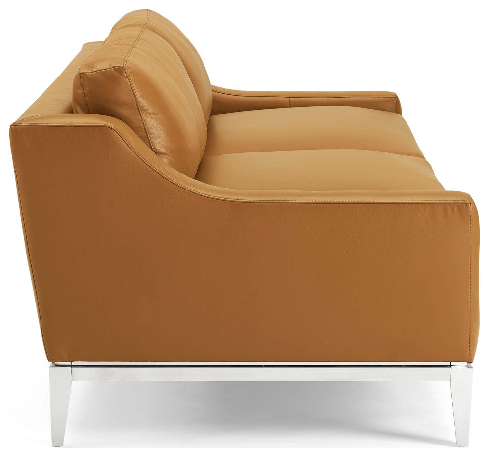 Harness 83.5" Stainless Steel Base Leather Sofa Tan