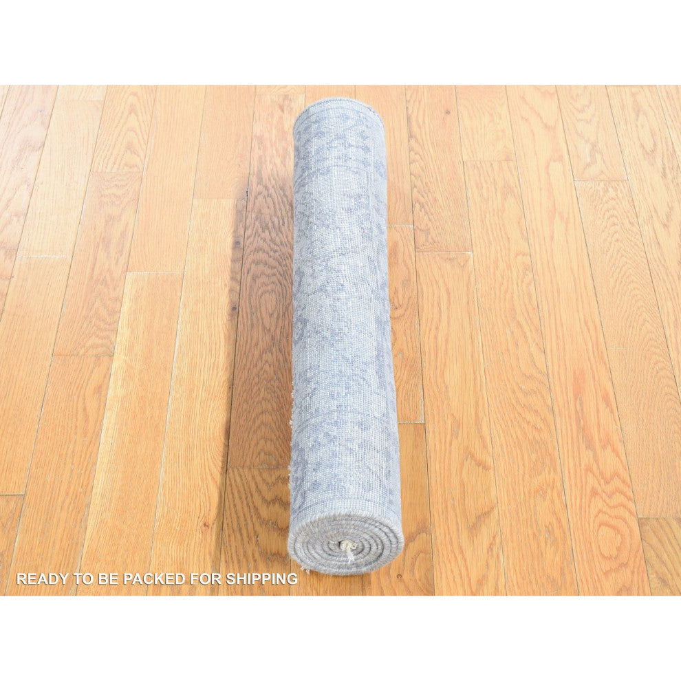 Goose Gray Broken Persian Design Silk Hand Knotted Short Runner Rug 2'6"x5'10"