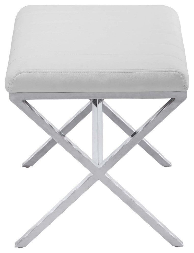 Channel-Tufted Faux Leather X Bench, White