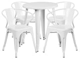Commercial Grade 24" Round White Metal Indoor-Outdoor Table Set, 4 Arm Chairs