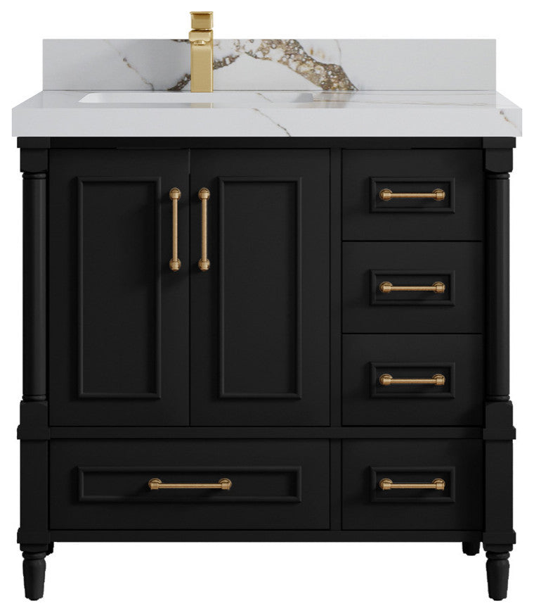 Aberdeen 36 Left Offset Bath Vanity In Black 2" Calacatta Gold