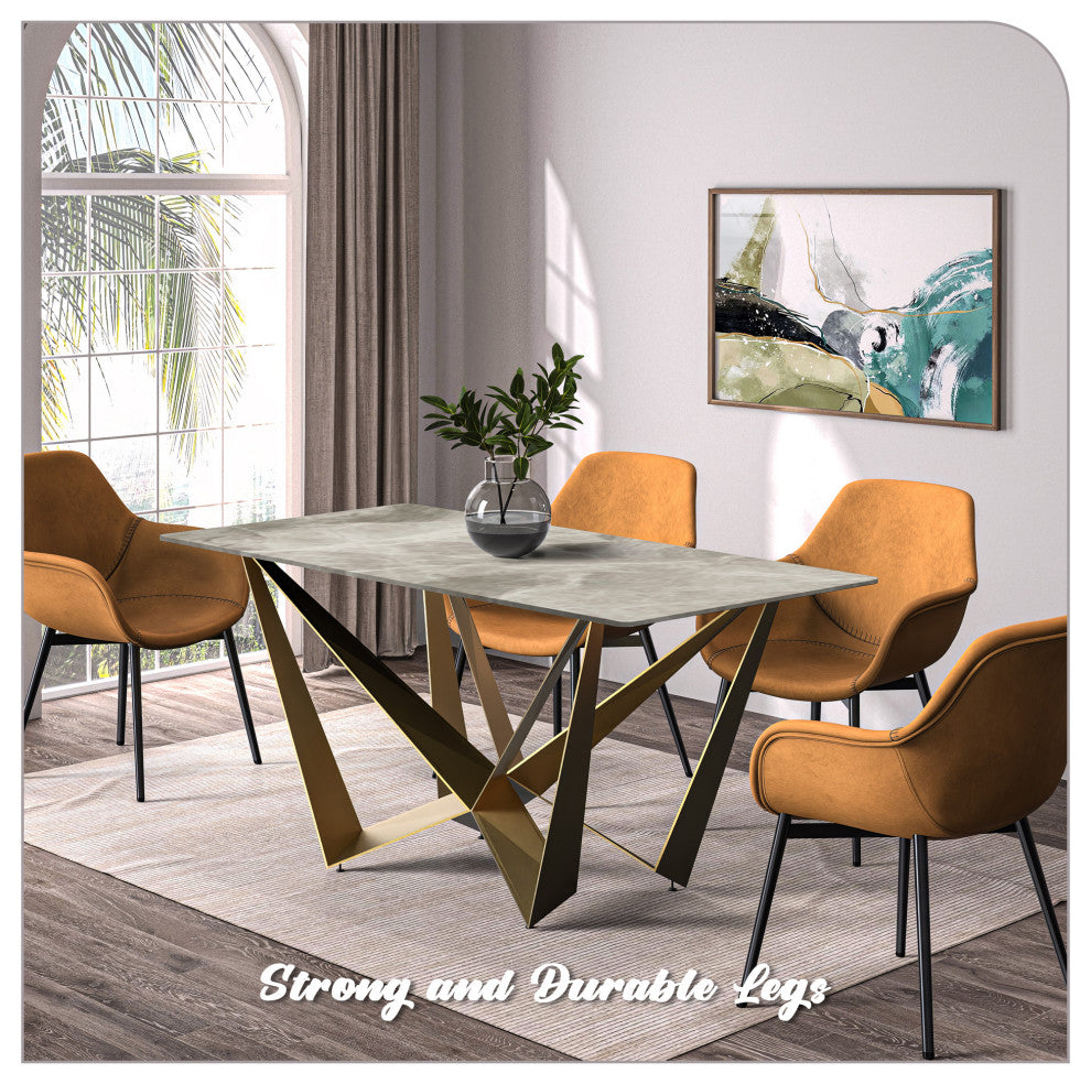 LeisureMod Nuvor Dining Table With Rectangular Top and Gold Steel Base, Deep Gray, 55 Inch