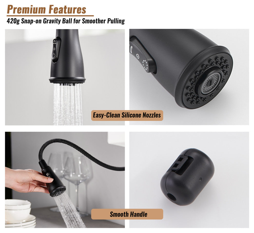 Single Handle Kitchen Faucet Pull-Down Sprayer, 360 Swivel, Three Functions, Matte Black