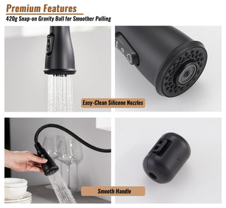 Single Handle Kitchen Faucet Pull-Down Sprayer, 360 Swivel, Three Functions, Matte Black