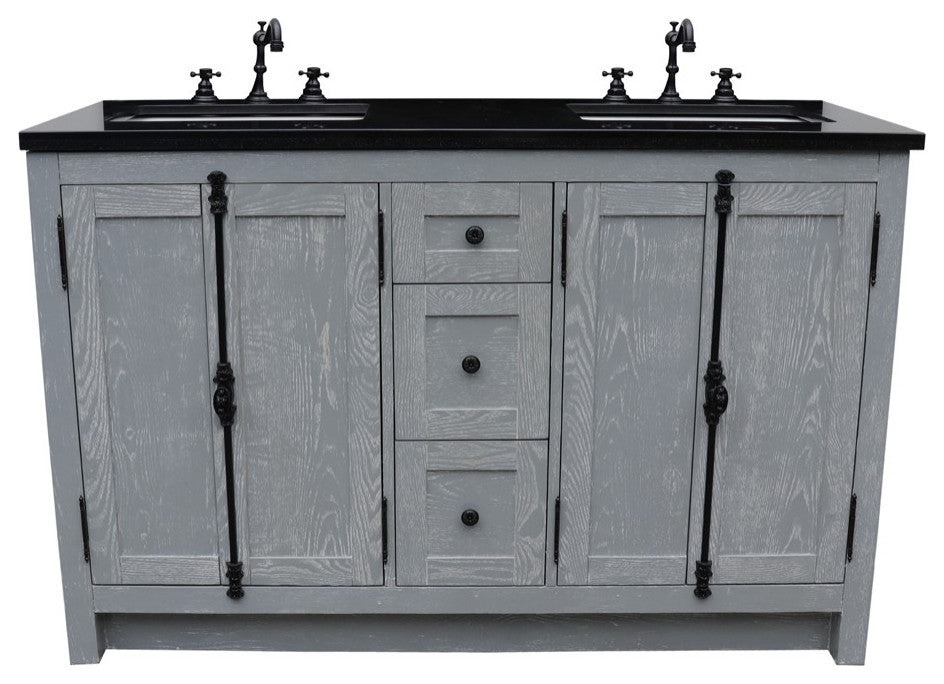 55" Double Vanity, Gray Ash Finish With Black Galaxy Granite Top