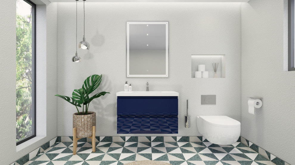 Belli 36" Wall Mounted Single Bathroom Vanity Set, Night Blue, Glossy White Top