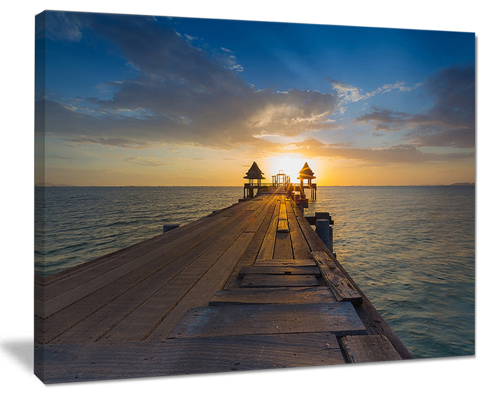 "Huge Wooden Pier Into Setting Sun" Sea Pier and Bridge Wall Art Canvas, 20"x12"