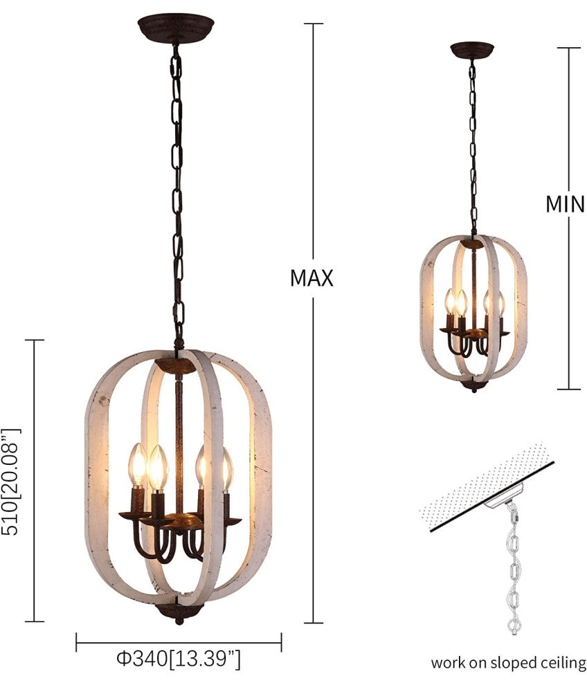 4 Light Wood Chandelier Mini Hanging Pendant Lighting With Retro White Finish