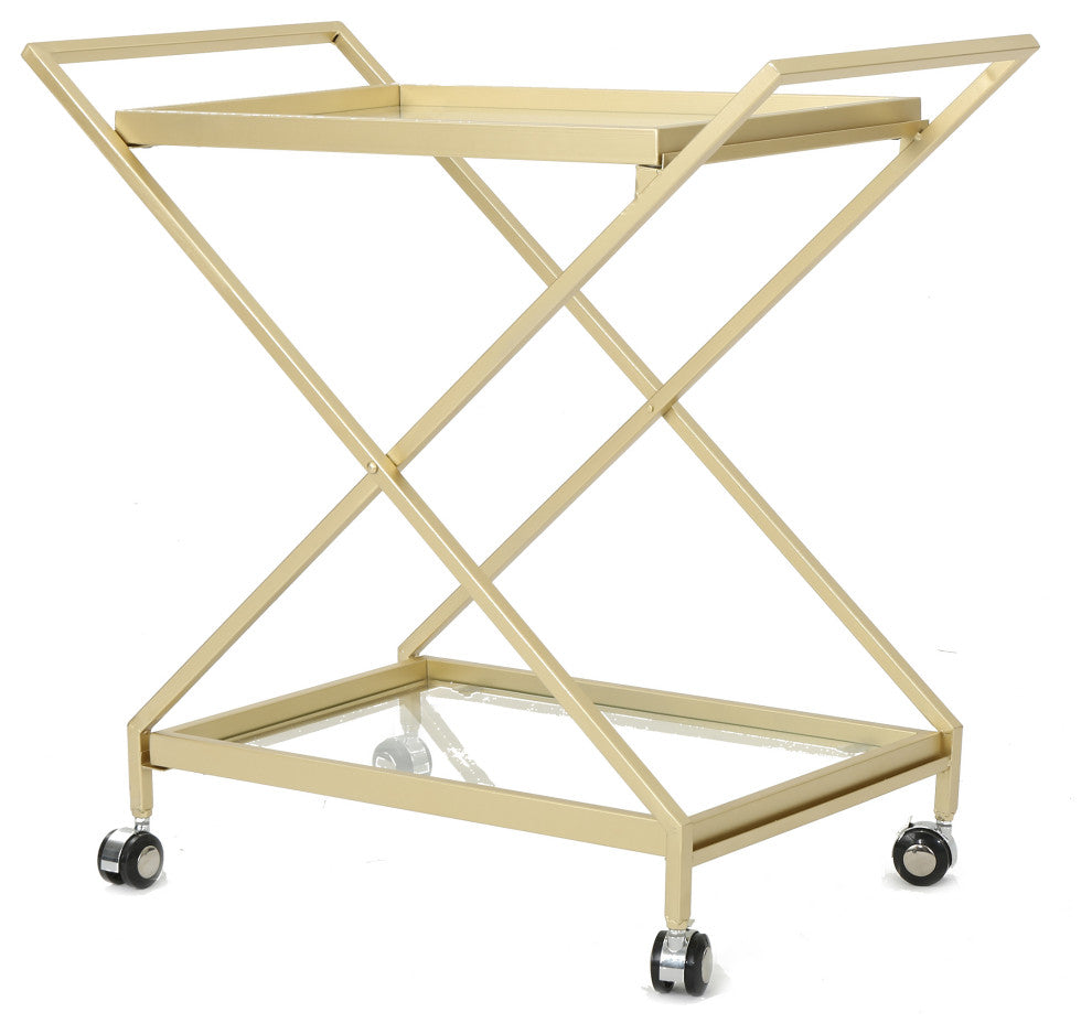 GDF Studio Ishtar Outdoor Powder Coated Iron and Glass Bar Cart, Gold