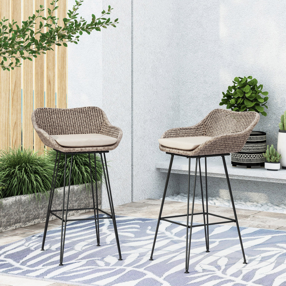 Pondway Outdoor Wicker/Iron Barstools, Set of 2, Beige/Mix Light Brown/Black