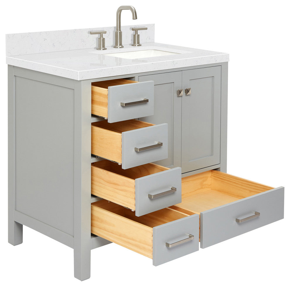 Ariel Cambridge 36" Right  Single Rectangle Sink Vanity, Carrara Quartz, Gray
