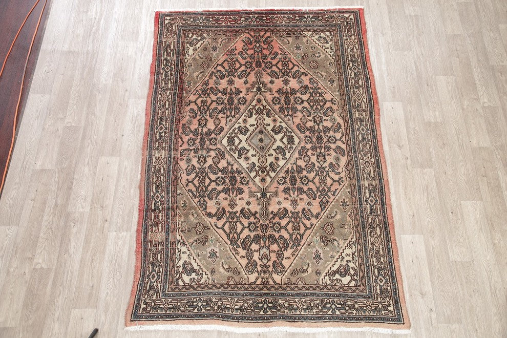 Consigned, Handmade Persian Antique Worn Oriental Faded Area Rug, Peach, 5'x8'