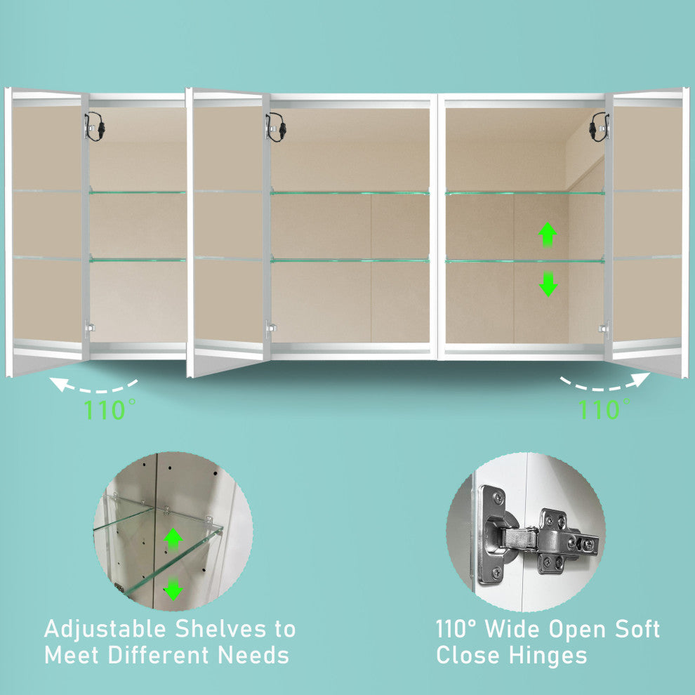 60" Aluminum Surface Mount Medicine Cabinet with Three Doors and Mirror
