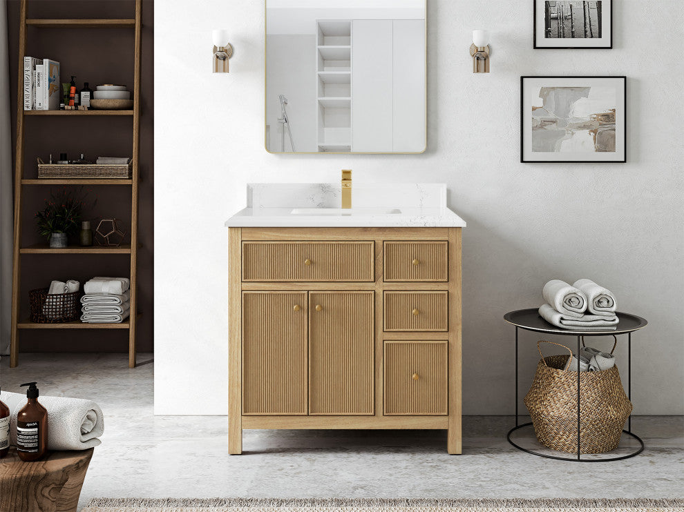 Sonoma 36 Center Sink Bath Vanity in Light Natural Teak with 1.5" Empira Quartz