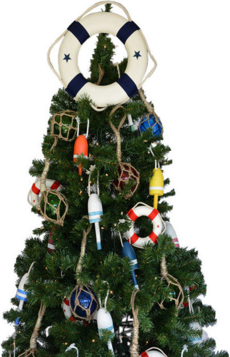 Lifering Christmas Tree Topper Decoration, White With Blue Bands