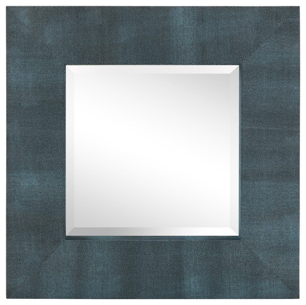 Beveled Wall Mirror, Black on Blue Metallic Shagreen Leather Framed Mirror