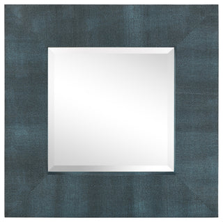 Beveled Wall Mirror, Black on Blue Metallic Shagreen Leather Framed Mirror