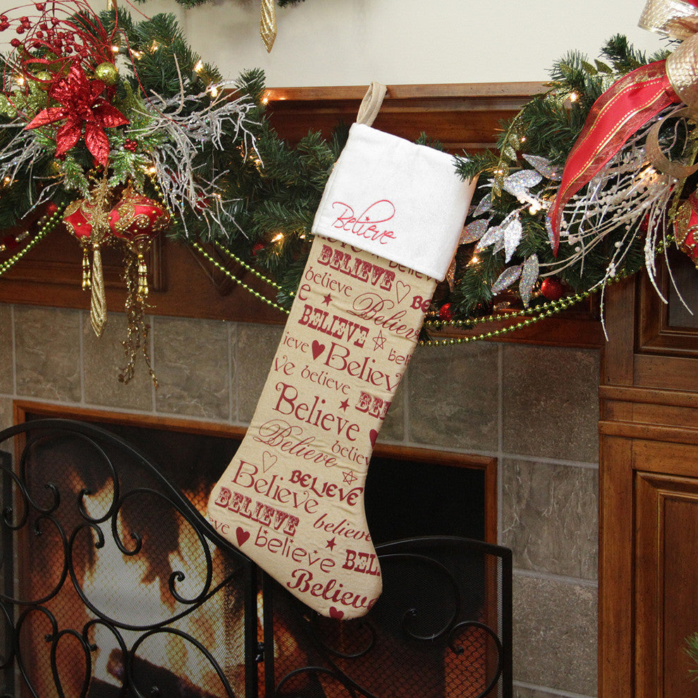Screen Printed "Believe" Font Styles Velvet Cuffed Stocking, Red and White, 24"