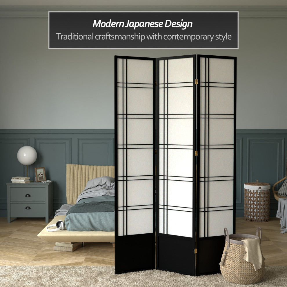 7'' Tall Double Cross Shoji Screen, Black, 3 Panels