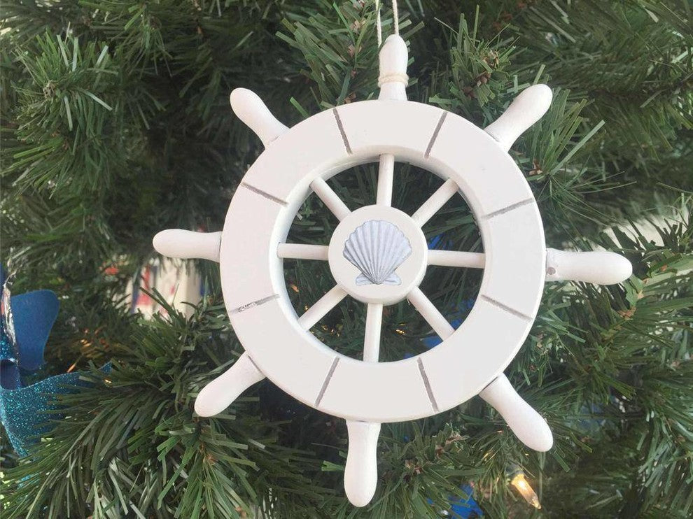 White Decorative Ship Wheel With Seashell Christmas Tree Ornament 6''