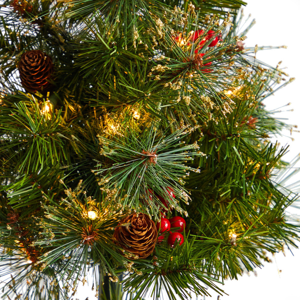 4' Xmas Faux Topiary Tree W/Ribbon, Berries, Lights & Bendable Branches, Planter