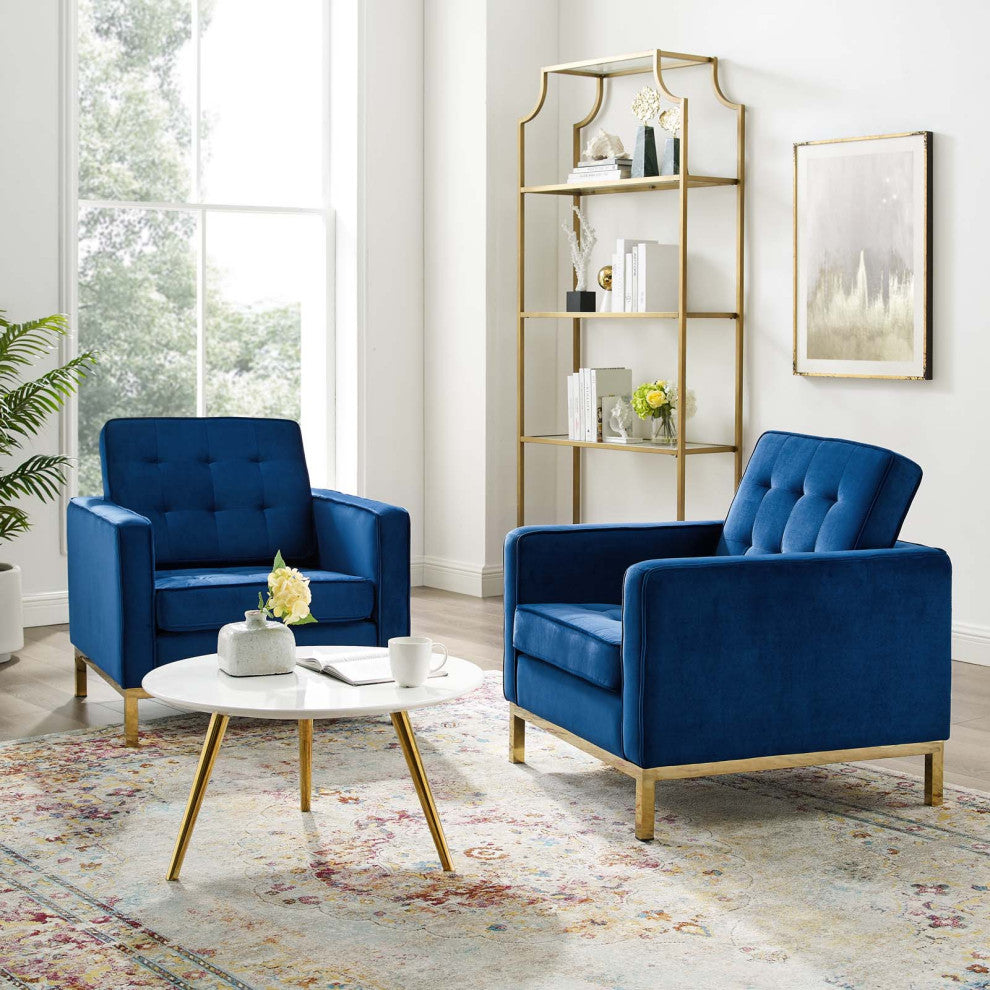 Armchair Accent Chair, Set of 2, Velvet, Gold Blue Navy, Modern, Lounge