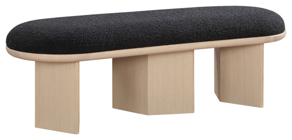 Wilshire Boucle Fabric Upholstered Bench, Black, Natural Oak Finish
