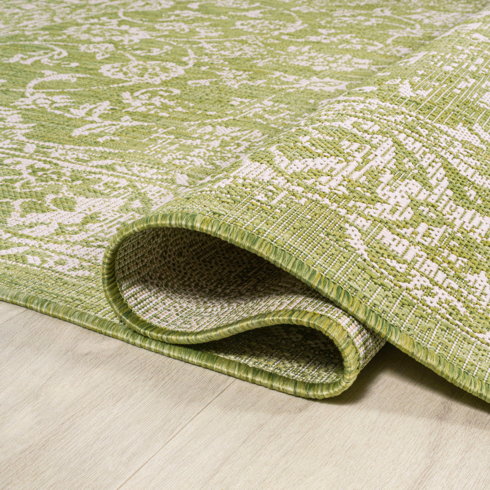 Tela Boho Textured Weave Floral Indoor/Outdoor Rug, Green/Cream, 4 X 6