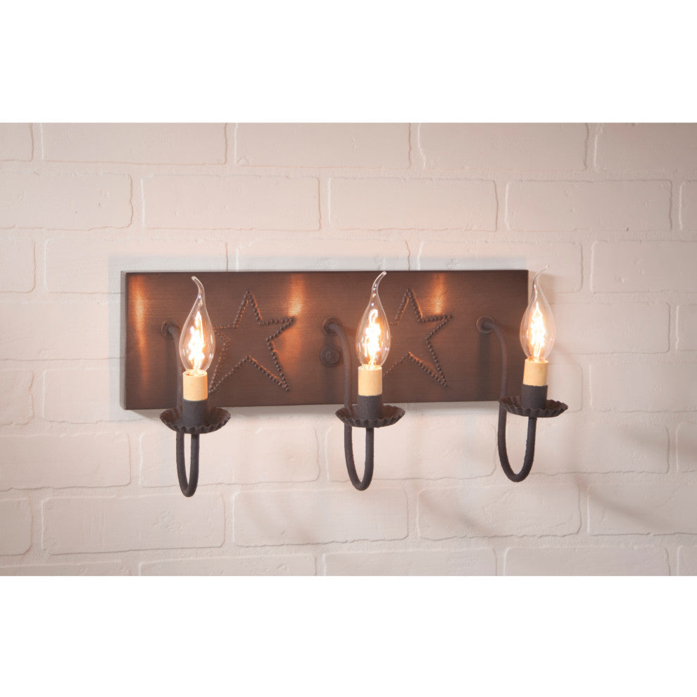 Three Arm Vanity Light With Stars, Blackened Tin