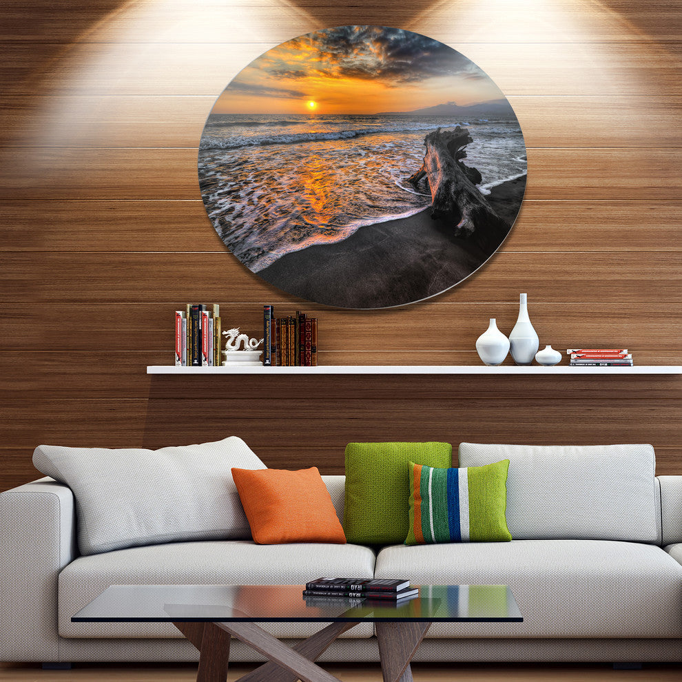 Log On Beach During Sunset, Seashore Art Disc Metal Wall Art, 36"