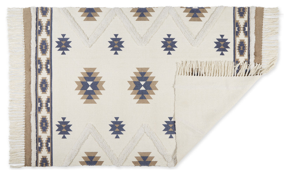 Stone And Blue Printed Off-White Hand-Loomed Shag Rug 4x6 ft.