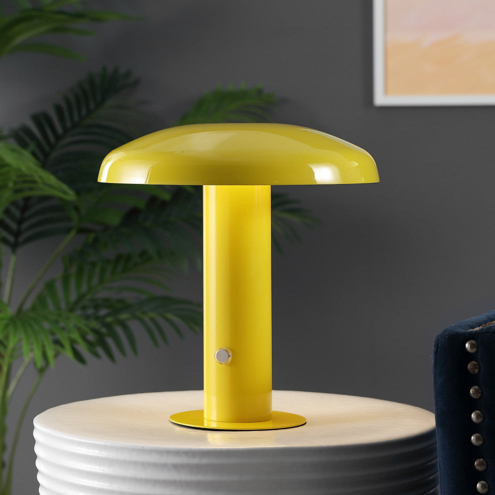 Suillius 11" Rechargeable/Cordless Iron Integrated Mushroom Table Lamp, Yellow