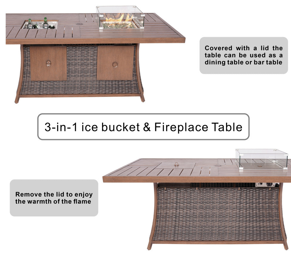 7-Piece Patio Sofa Set with Firepit and Ice Container Dining Table, Brown