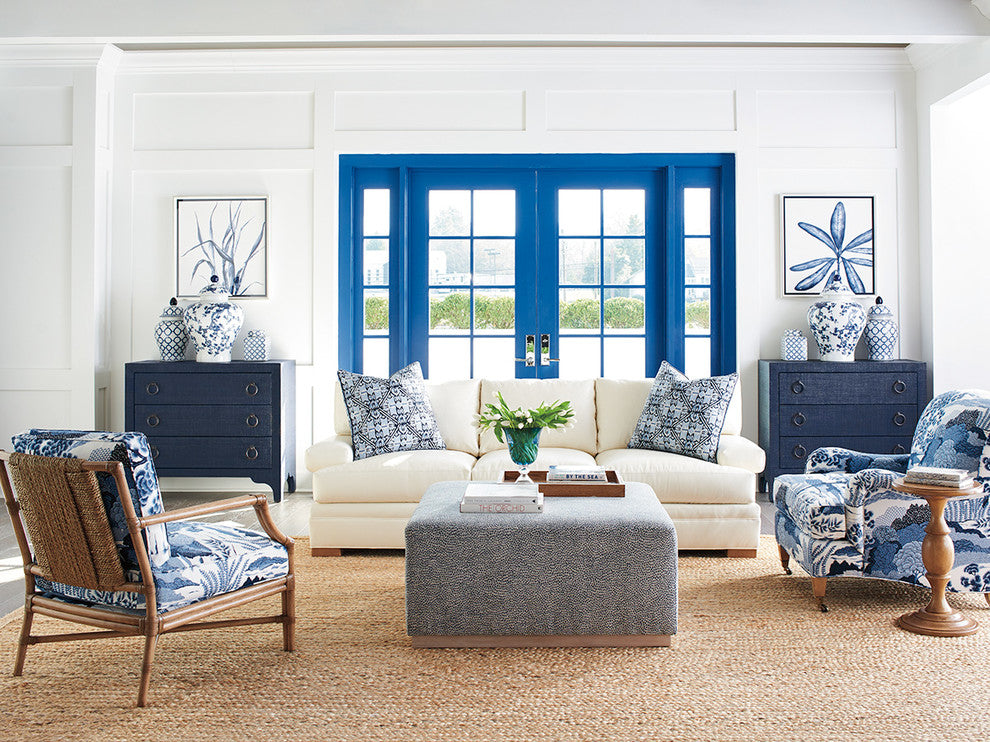 Lifestyle living room arrangement displaying the dresser among seating and decor.