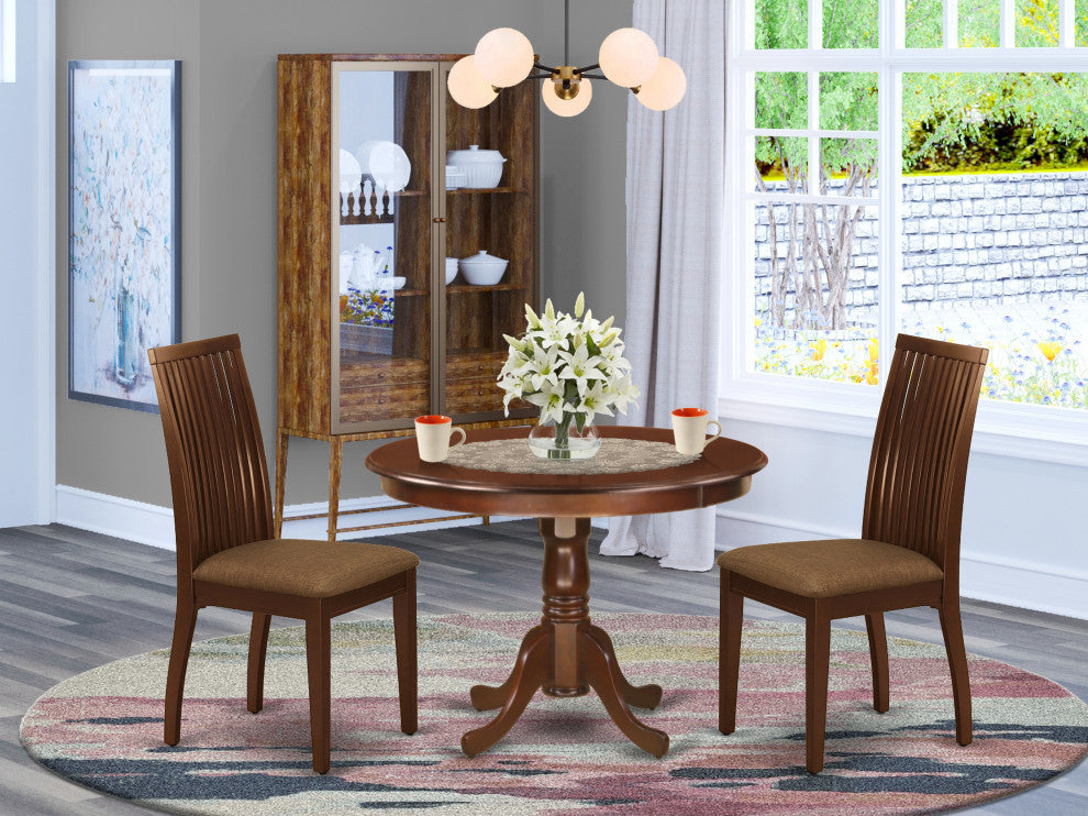 3Pc Dinette Set Includes Rounded Kitchen Table, Two Seat Dining Chairs, Mahogany